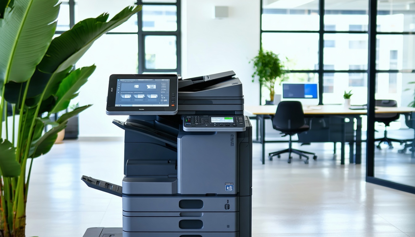 A modern office environment with a high-tech copie